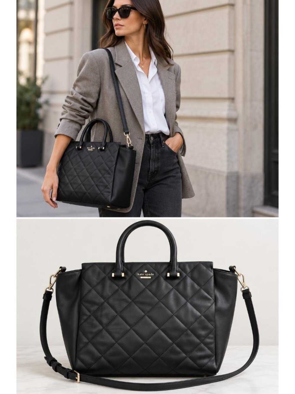 Kate Spade New York Black Quilted Leather Large Convertible Tote Satchel
